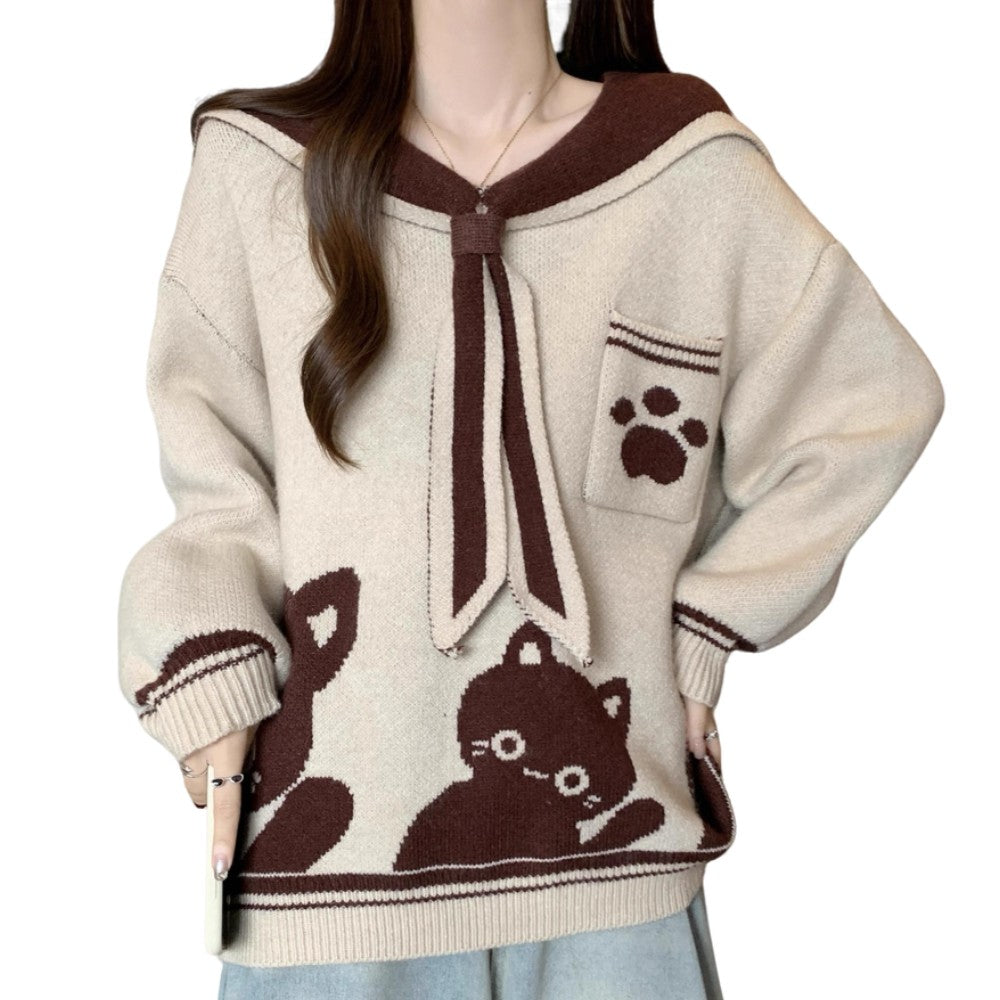 Kawaii Cat Sailor Collar Sweater for Women Harajuku Loose Pullover Knit Top