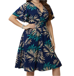 boho plus size outfit navy palm leaf dress elegant floral dress for curvy women