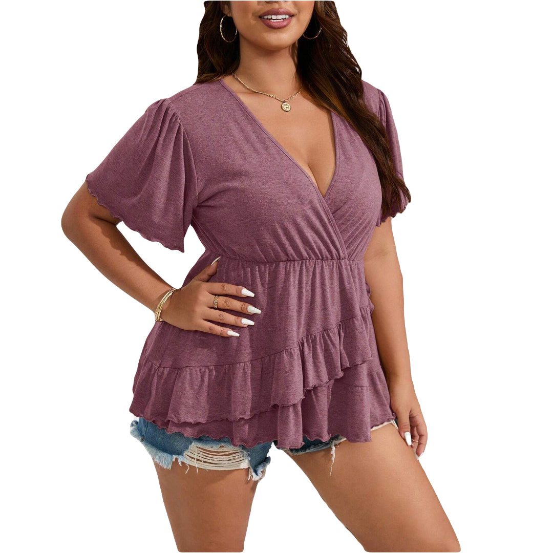 Large Size Ruffle Hem V Neck Summer Tee Cute Layered Short Sleeve Cotton Blouse