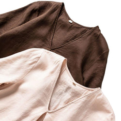 Natural Linen V-Neck Midi Dress with Pocket Elegant Summer Short Sleeve Vintage Loose Fit A-Line Sundress