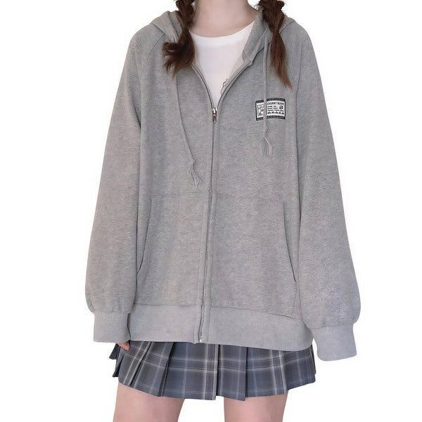 Front view of vintage patch light gray zip-up hoodie with raglan sleeves