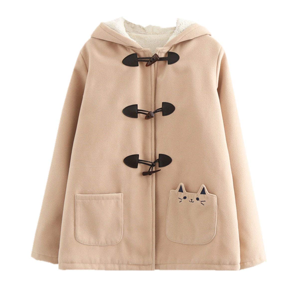cute women horns buttons big pocket kitty printing keep warm hooded coat khaki