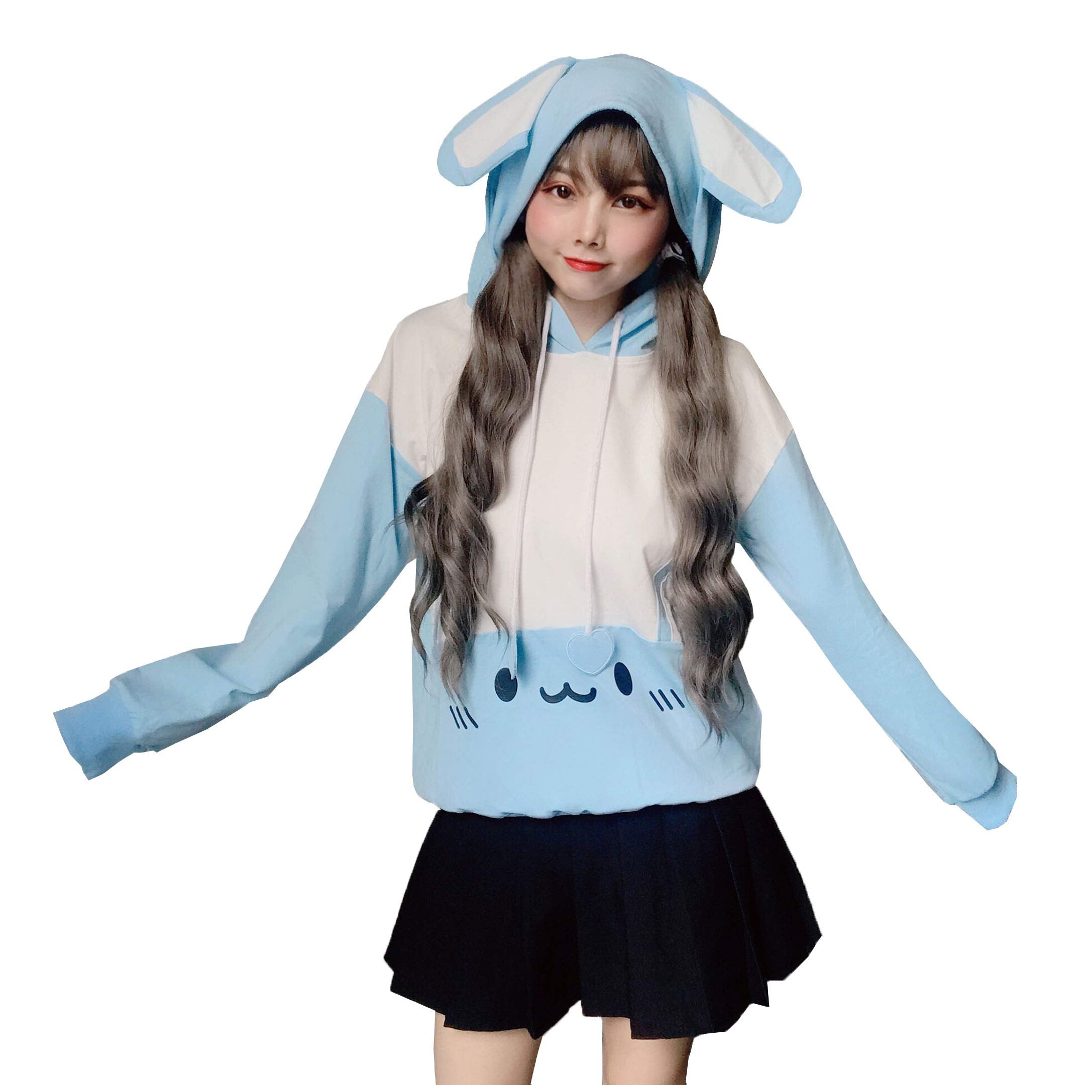 Blue and white hoodie featuring cute bunny face print and heart-shaped drawstrings