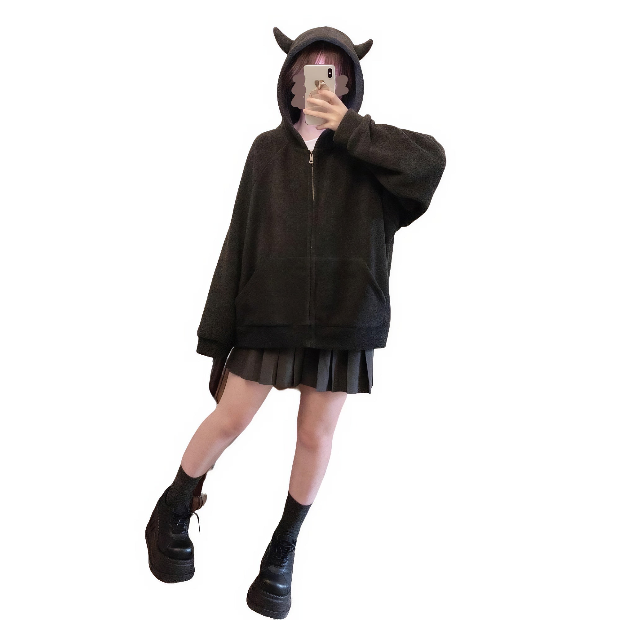 Model wearing Harajuku-style devil horn hoodie with pleated skirt