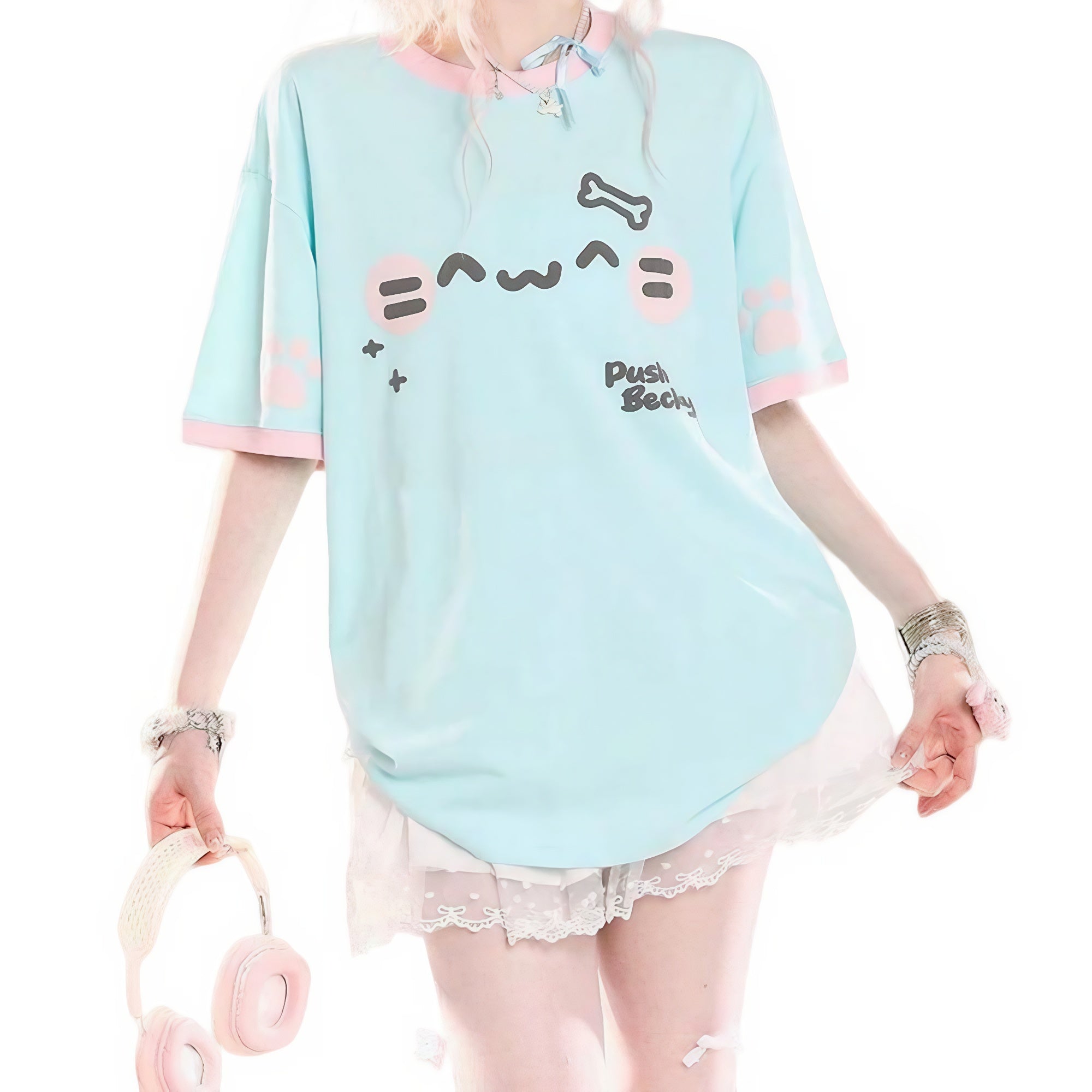Model wearing pastel blue kawaii cartoon print T-shirt with lace skirt