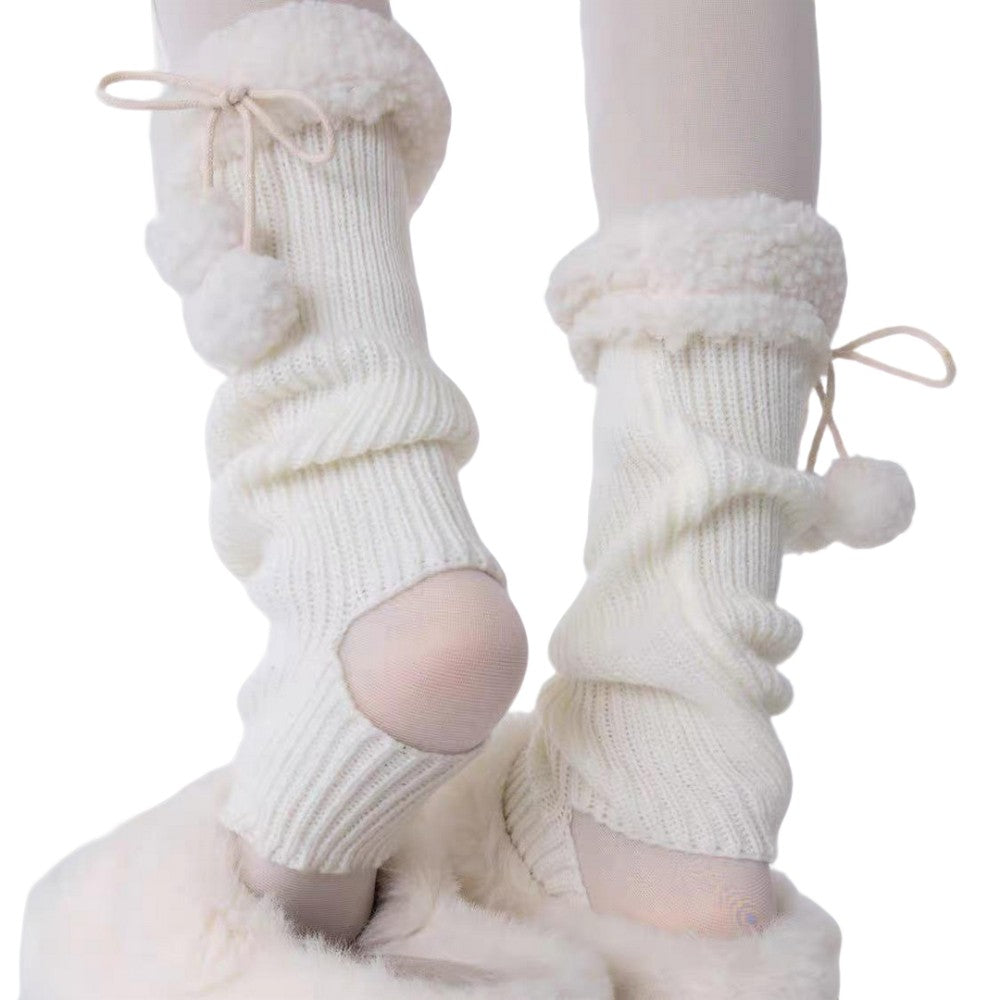 White cute winter leg sleeves with pom-pom bow details