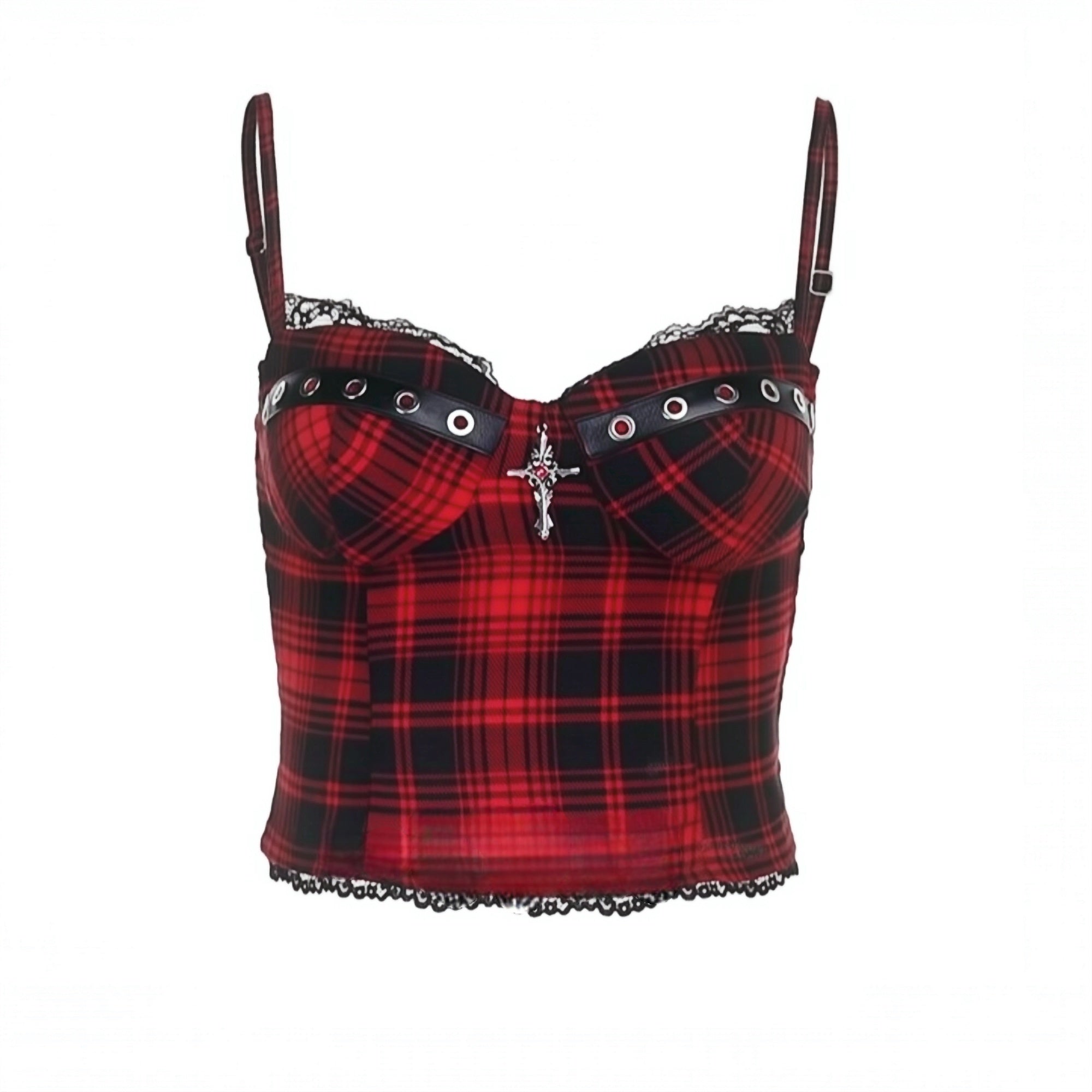 Red and black plaid Y2K crop top with eyelet detail and gothic cross charm