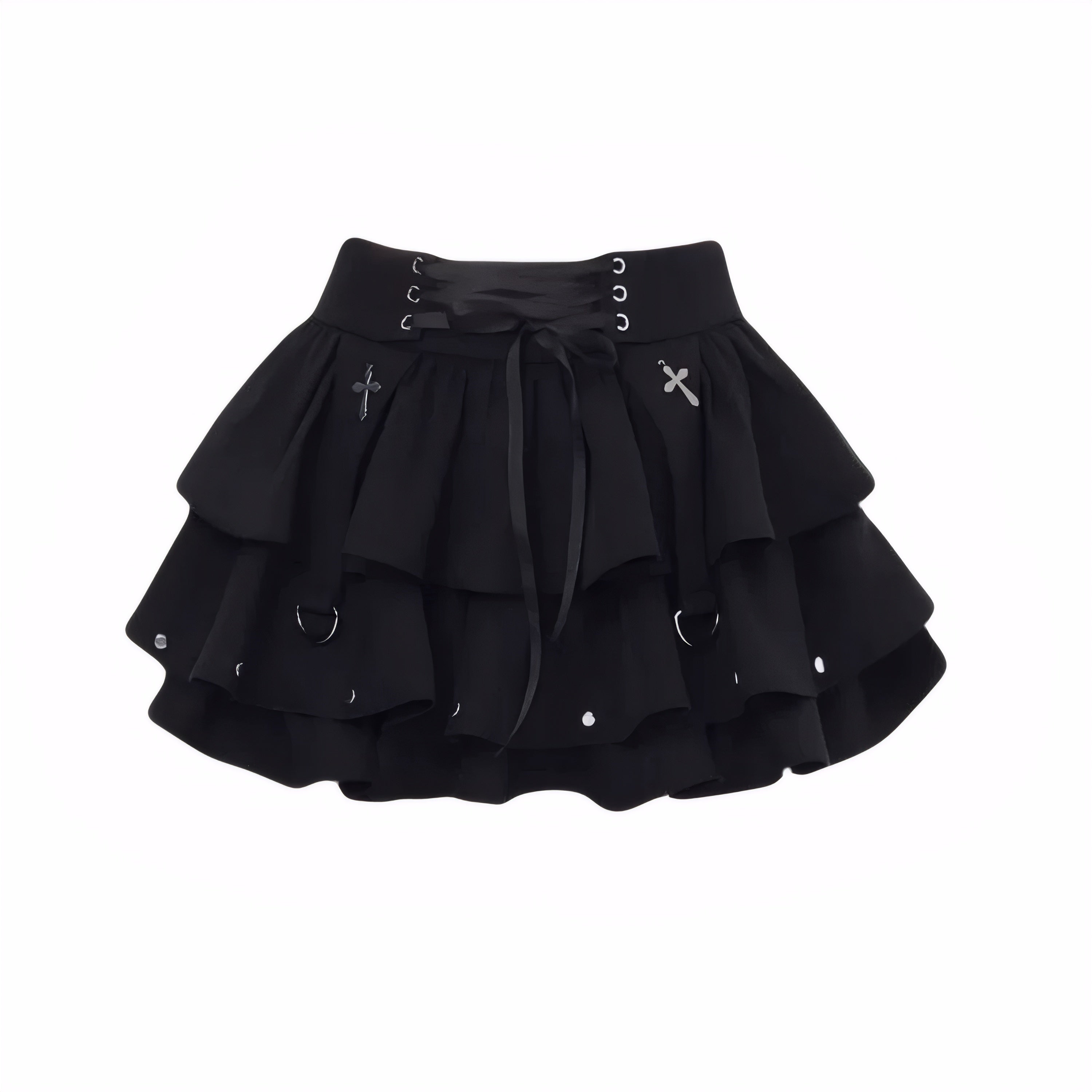 Black layered mini skirt with cross pendants and lace-up front, Harajuku punk style