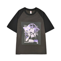 Anime Girl Graphic T-Shirt Oversized Japanese Streetwear Style Fox Mask Tops Black