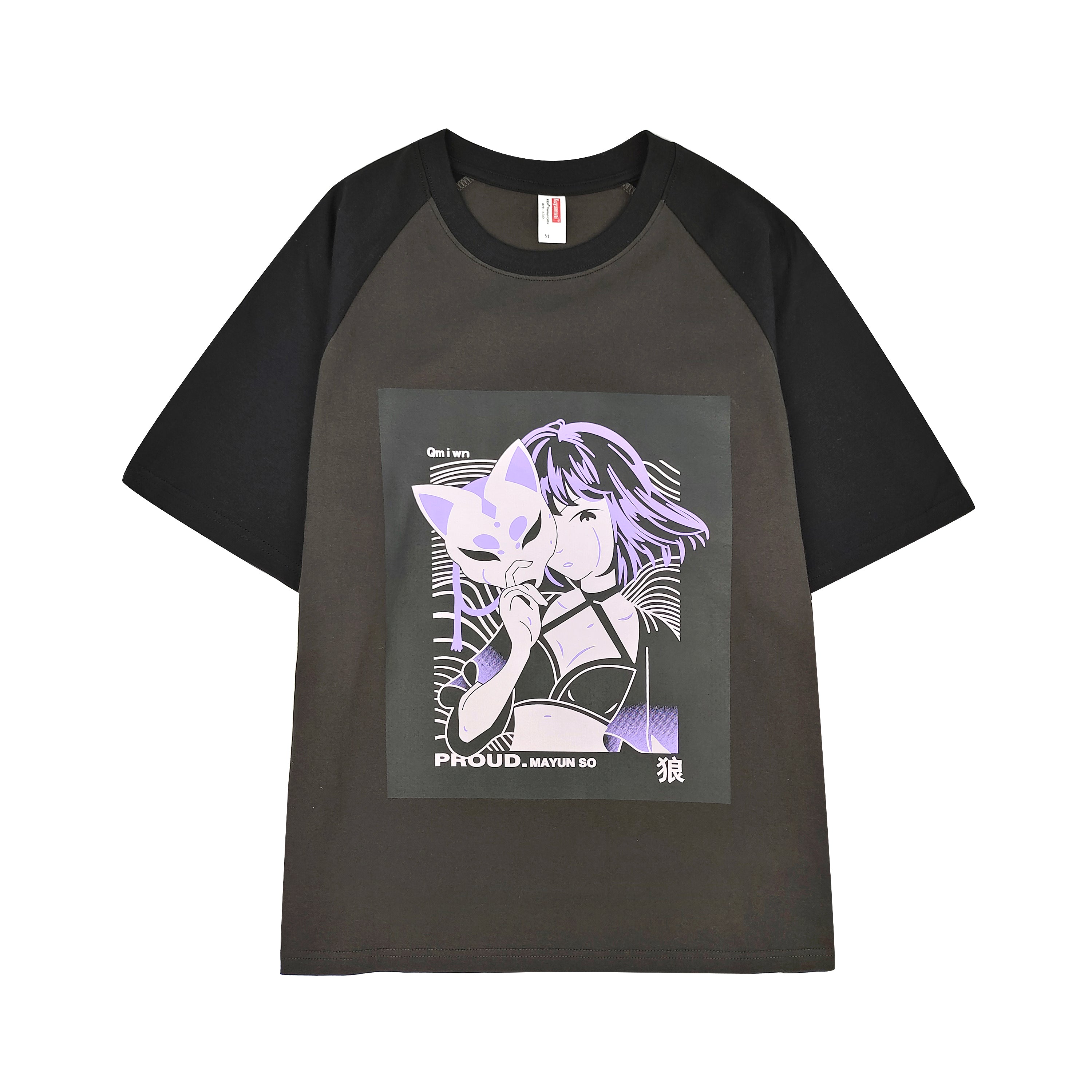Anime Girl Graphic T-Shirt Oversized Japanese Streetwear Style Fox Mask Tops Black