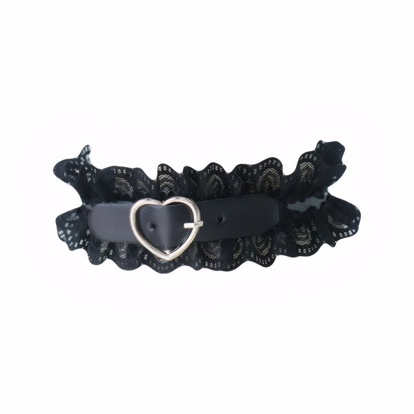Black lace frill adjustable choker with heart buckle adjustable PU leather choker, gothic lolita cosplay accessories