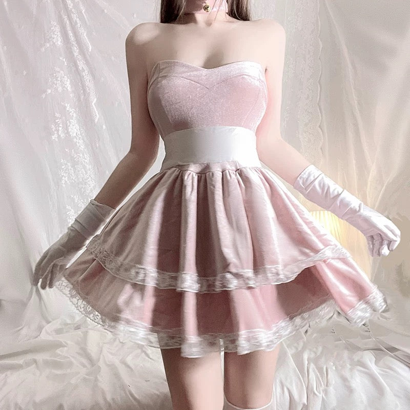 Rear view of pink bunny dress with layered lace and velvet fabric details devil bunny costume, adult cosplay