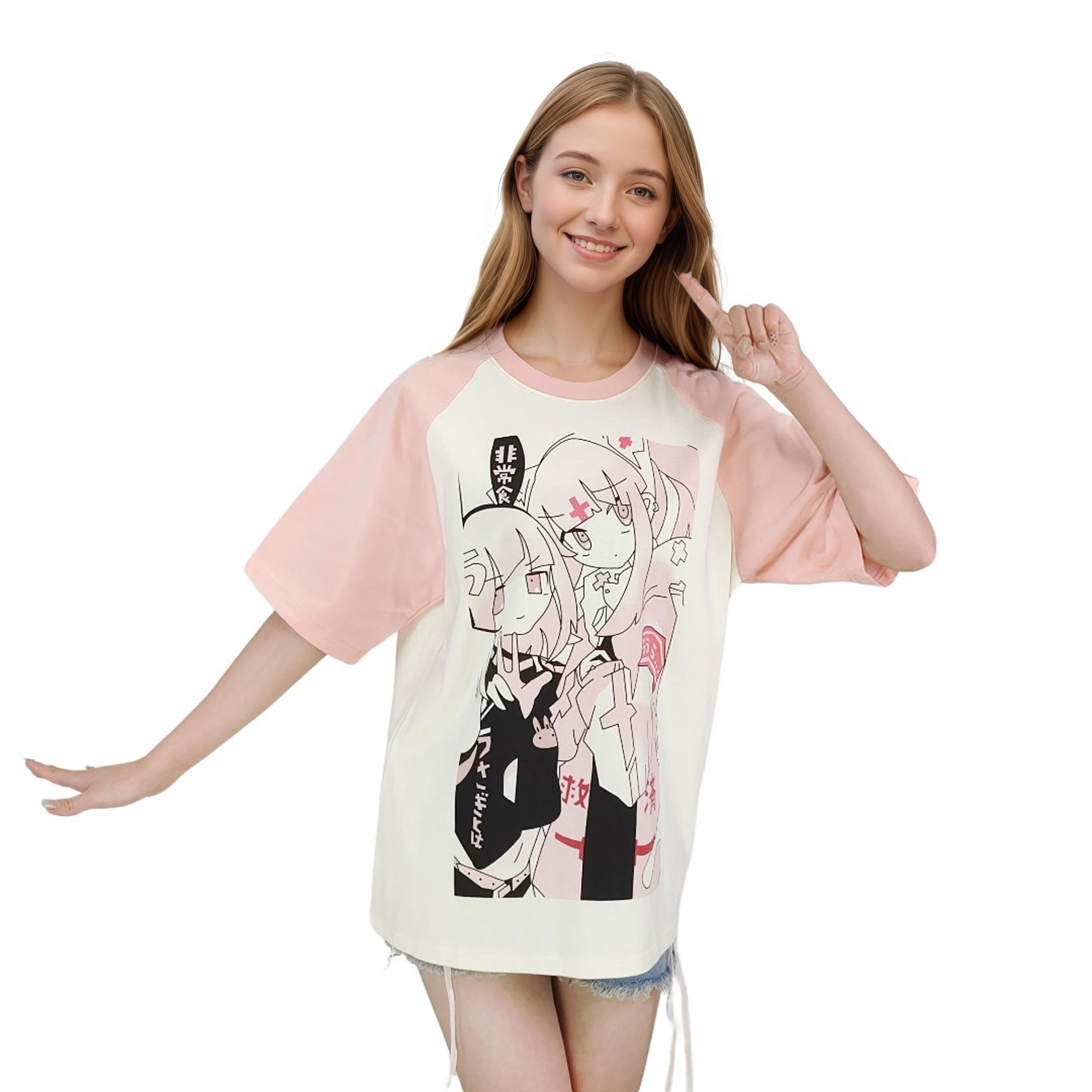 Pink and white Japanese cartoon raglan sleeve tee for girls