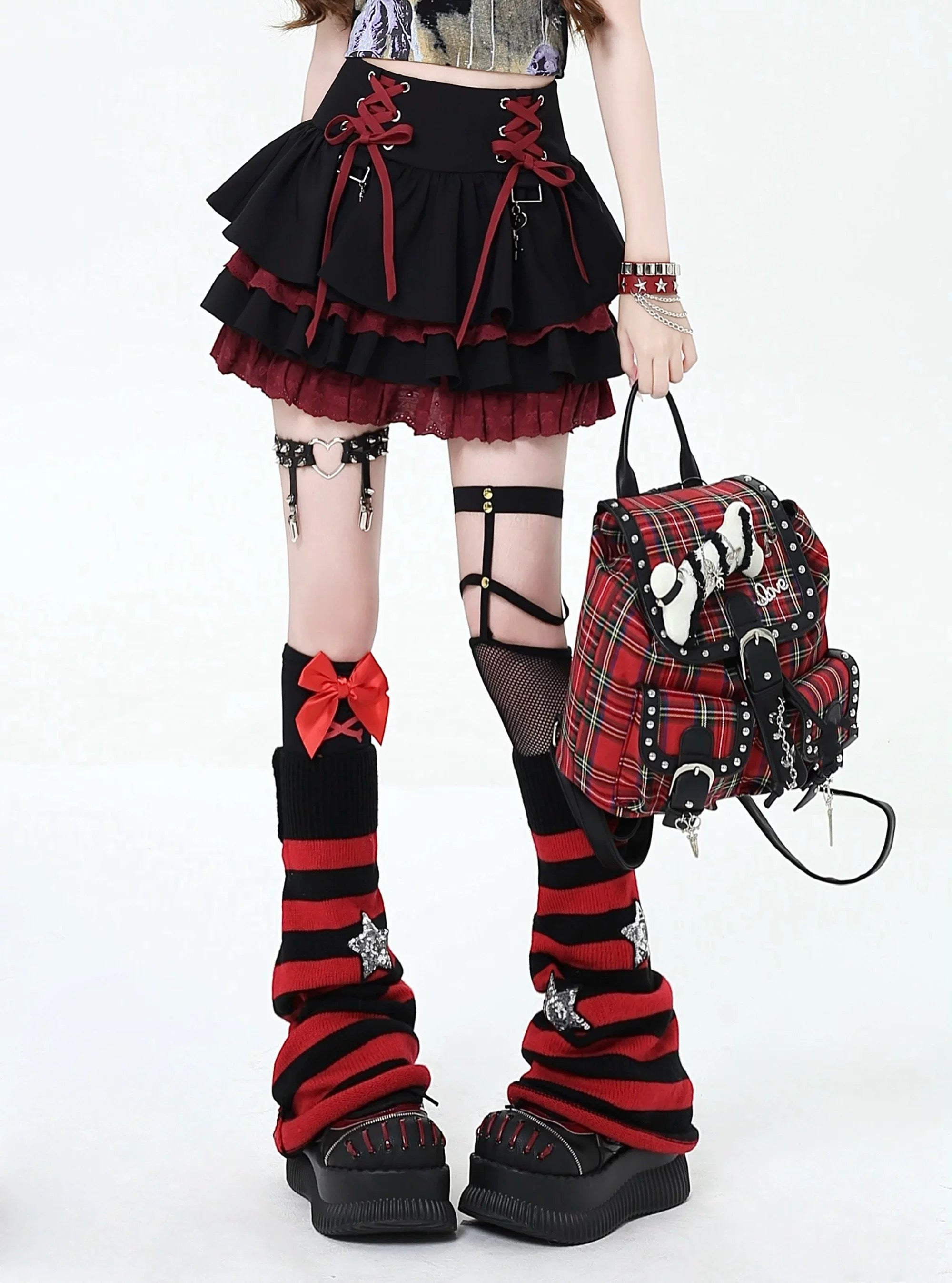 Y2K Lace Up Layered Mini Skirt for Women Gothic Harajuku Ruffle High Waist Skirt