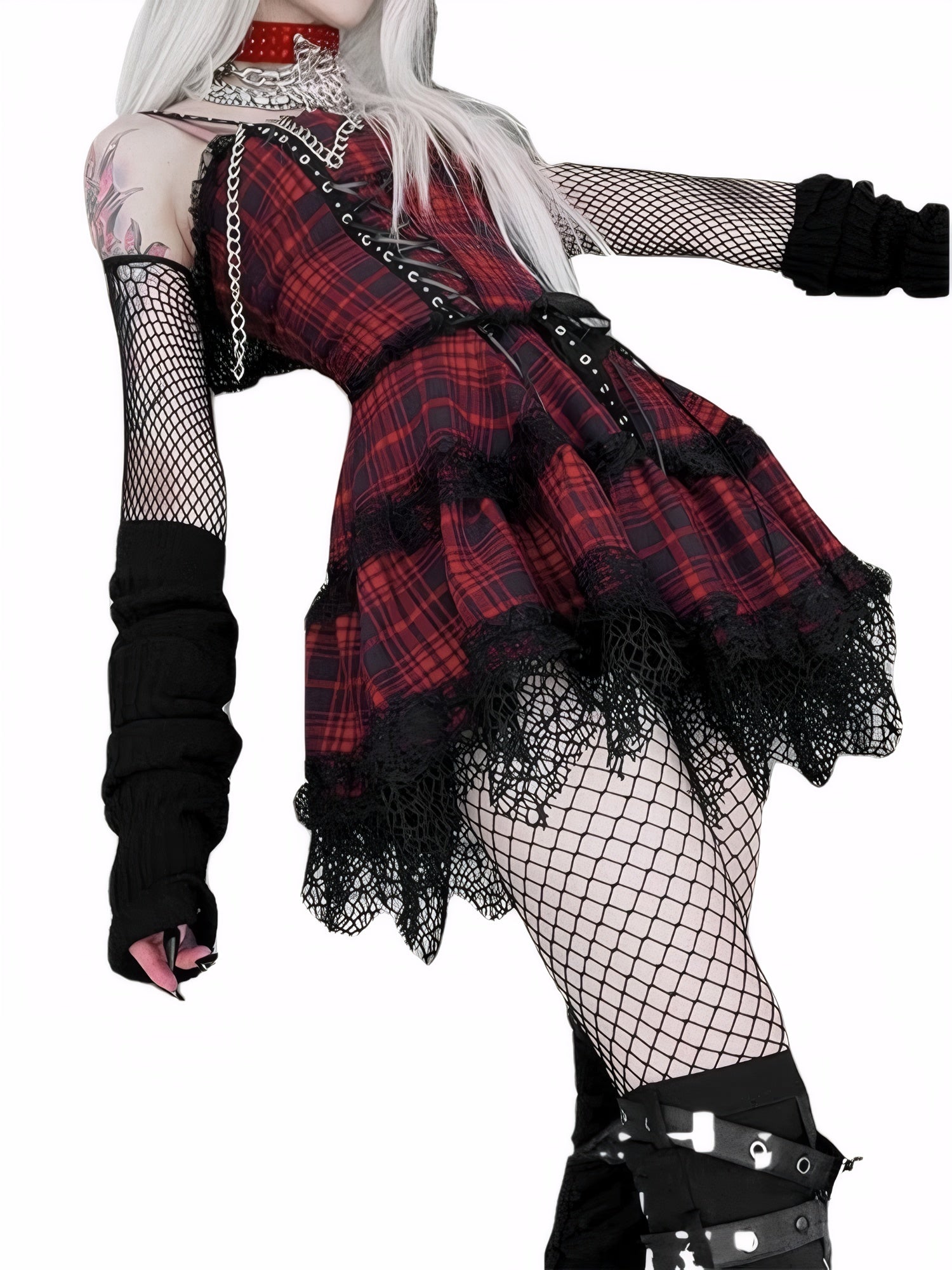 Black openwork lace hem detail on red tartan mini dress