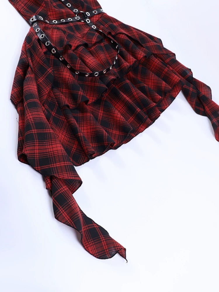 Gothic Red Plaid Punk Dress with Faux Leather Strap Harness Asymmetric Hem Y2K Grunge Girl Style