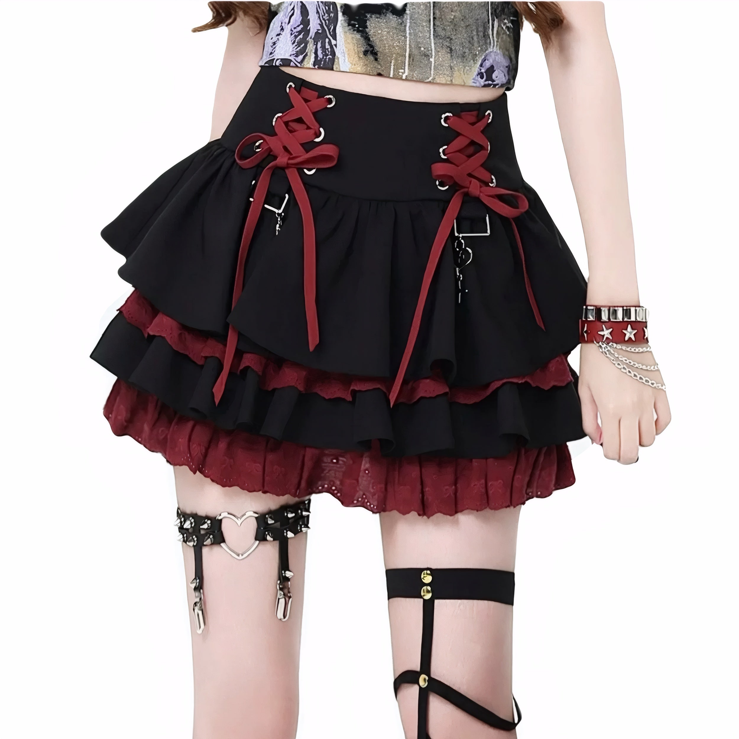 Harajuku style high-waisted layered skirt with lace-up details