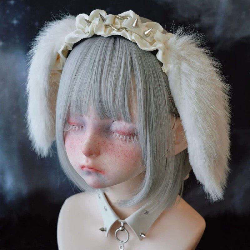 Gothic White Rabbit Ears Headband with Spikes Soft Plush Lolita Punk Hairband for Girls