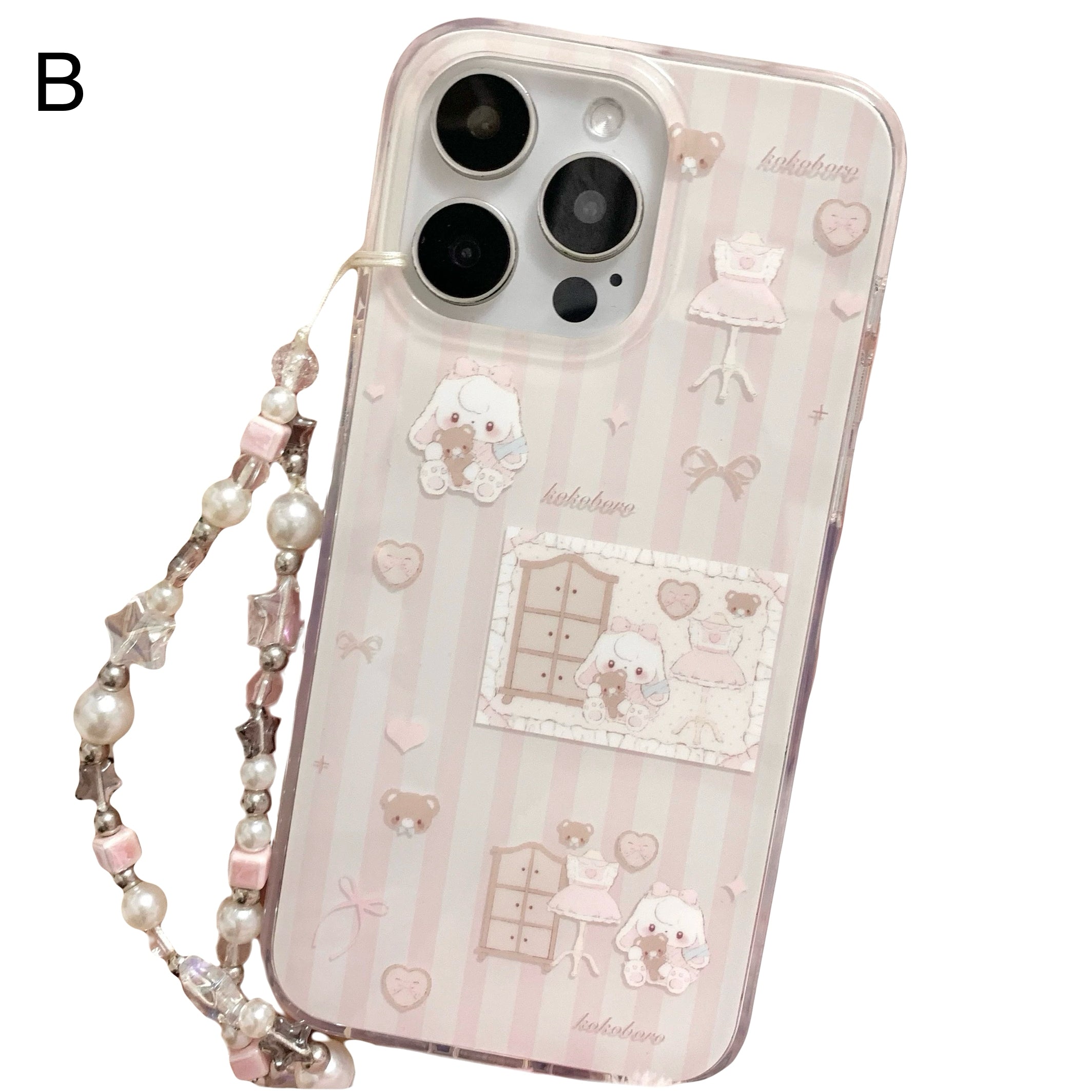 Blush pink bunny iPhone case with pearls and toy wardrobe print