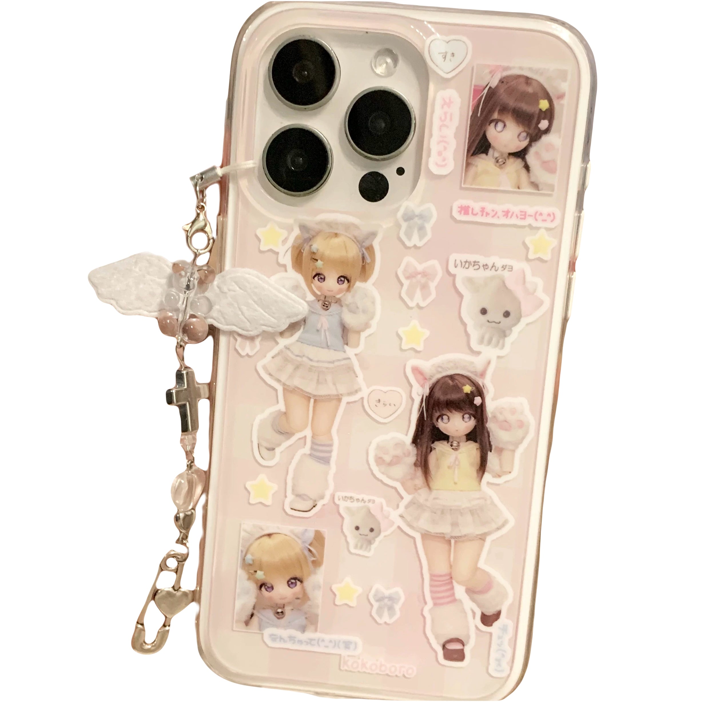 Kawaii iPhone case with 3D doll stickers and dangling charms in anime-style pastel design y2k phone case