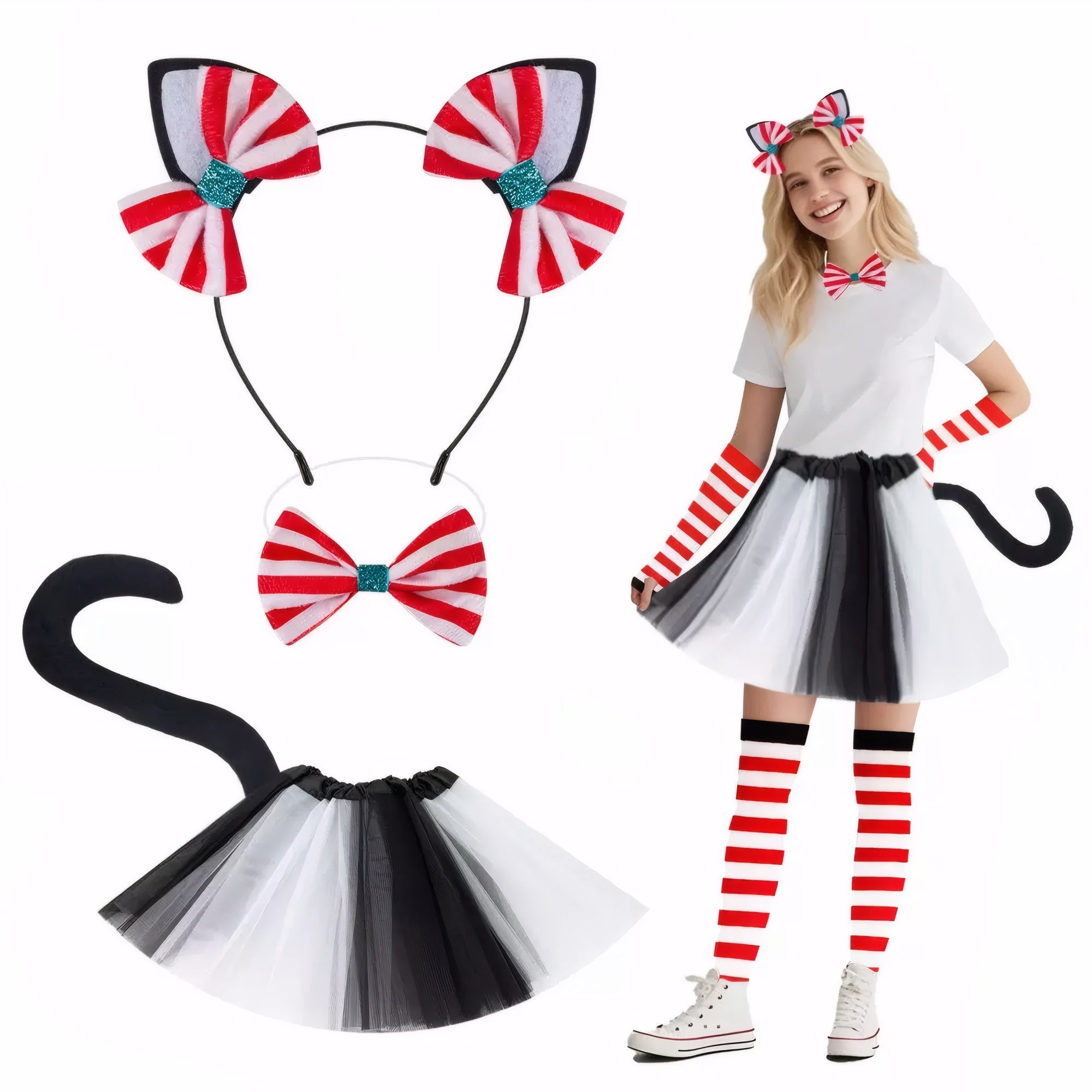 White bunny ear costume set with gloves, tail, and tutu skirt – ideal for Halloween or parties.