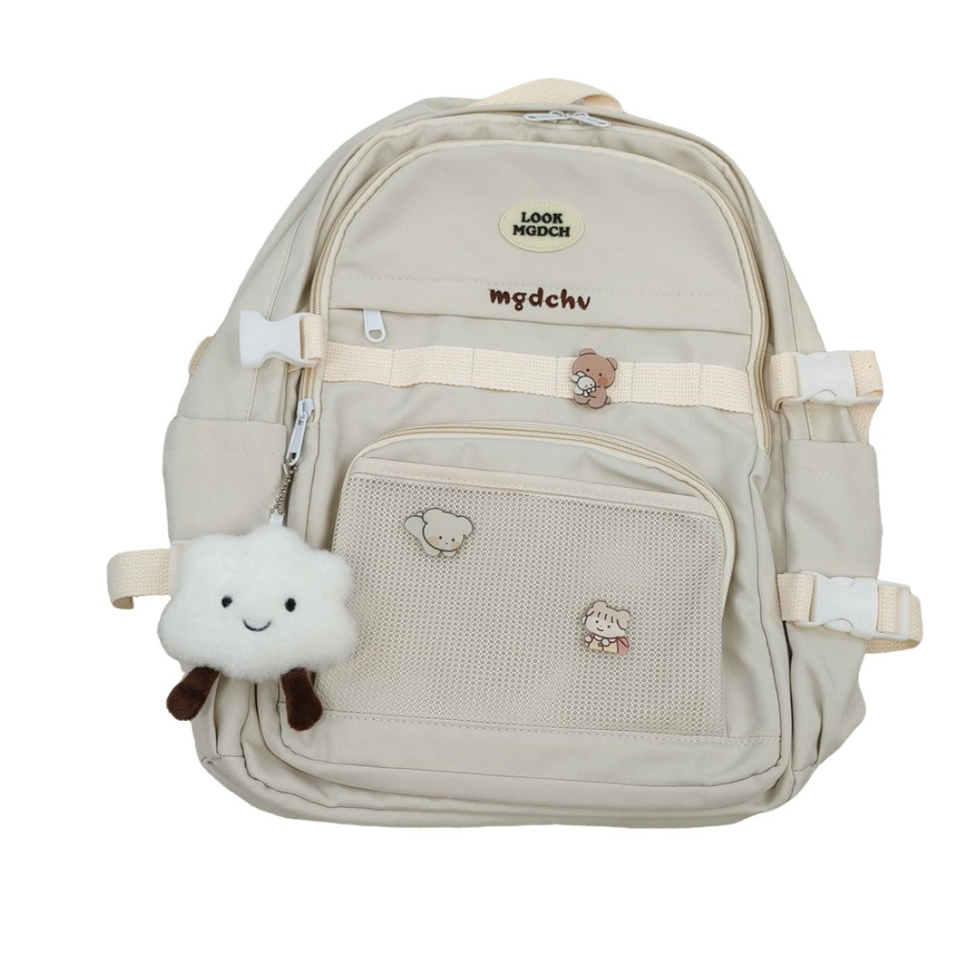 Beige Kawaii Cartoon Backpack with Plush Charm Cute Bear & Animal Pins School Travel Bag