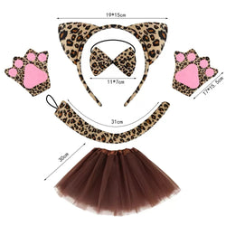 Leopard costume kit with cat ears, pink paw gloves, tail, and brown skirt – jungle animal outfit.