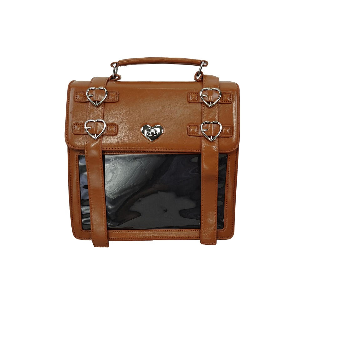 Kawaii Heart Buckle PU Leather Ita Bag Brown Satchel Backpack Cute Transparent Window Display Bag