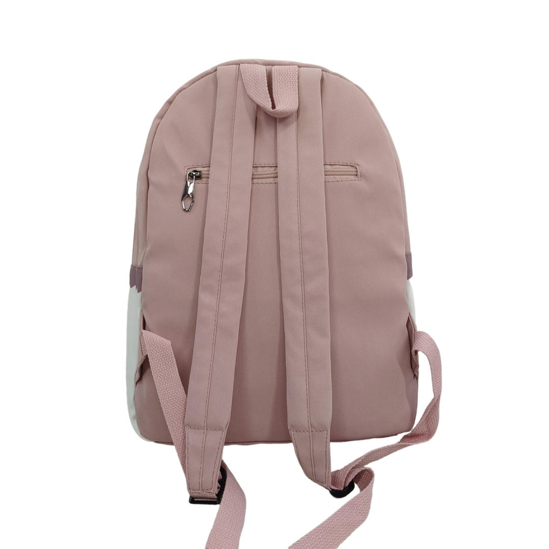 Back view of pink and white backpack with padded straps and rear zipper pocket