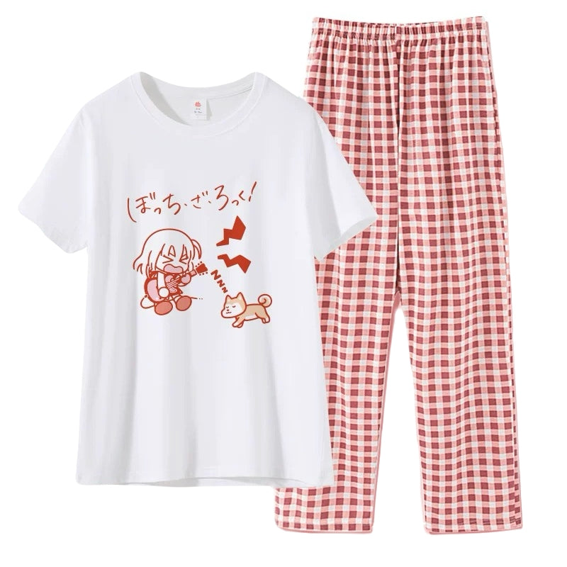 Red anime dog print loungewear set with short sleeve top and gingham pants cute Japanese style PJs pastel color pajamas