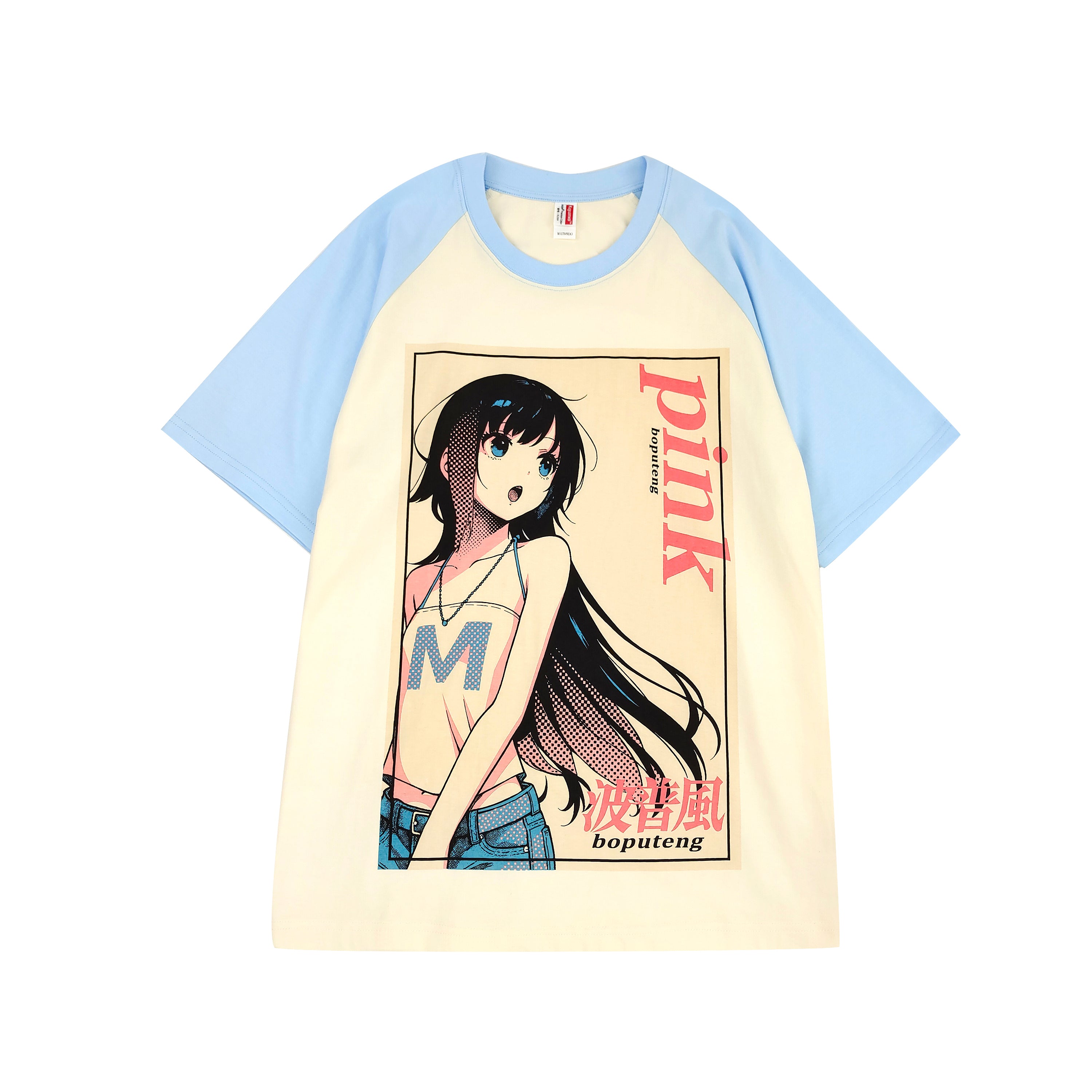 Anime girl print oversized t-shirt with blue sleeves and comic book design, soft cotton streetwear top.