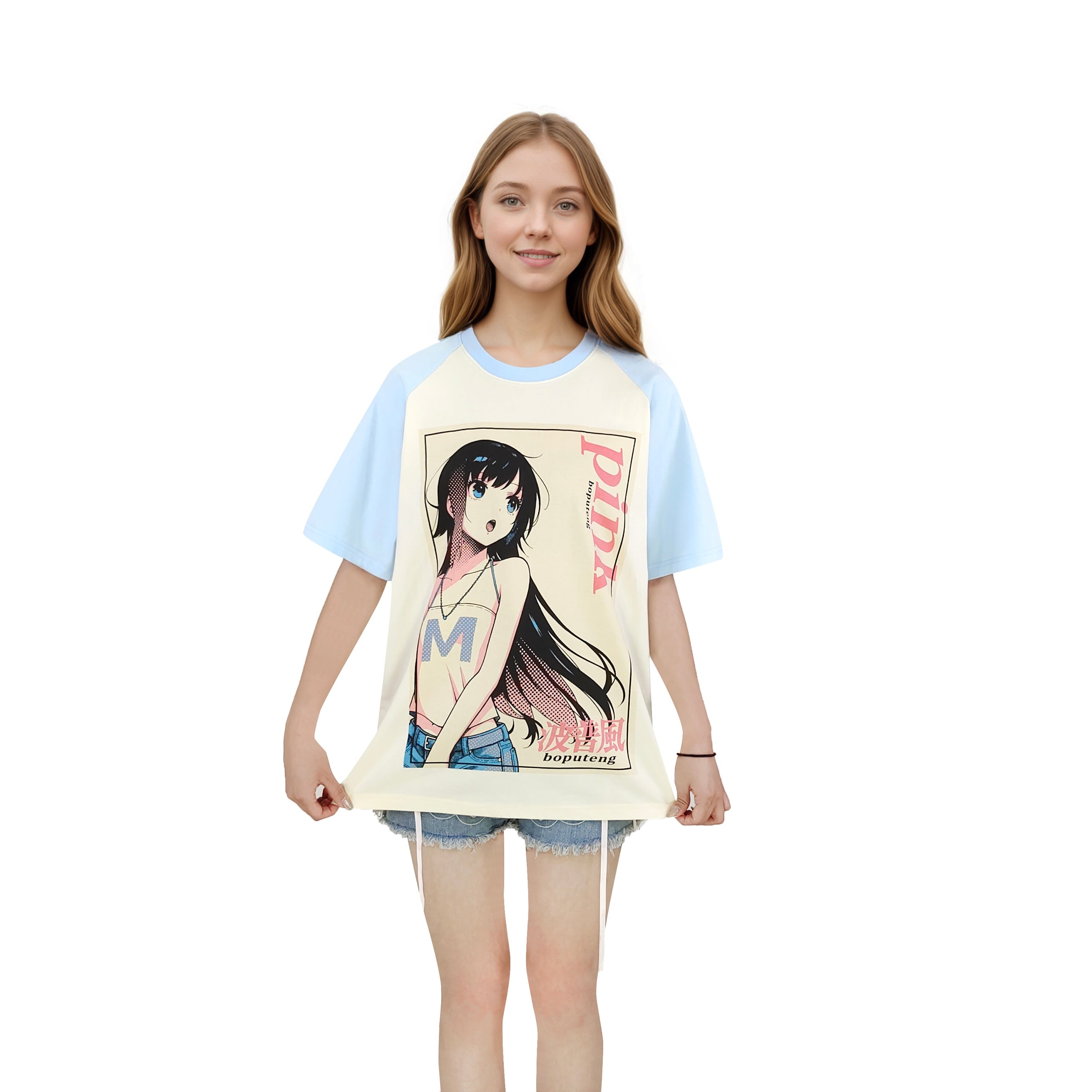 Customizable Kawaii Anime Graphic T-Shirt for Girls Harajuku Loose Fit Cotton Tee with Cartoon Print