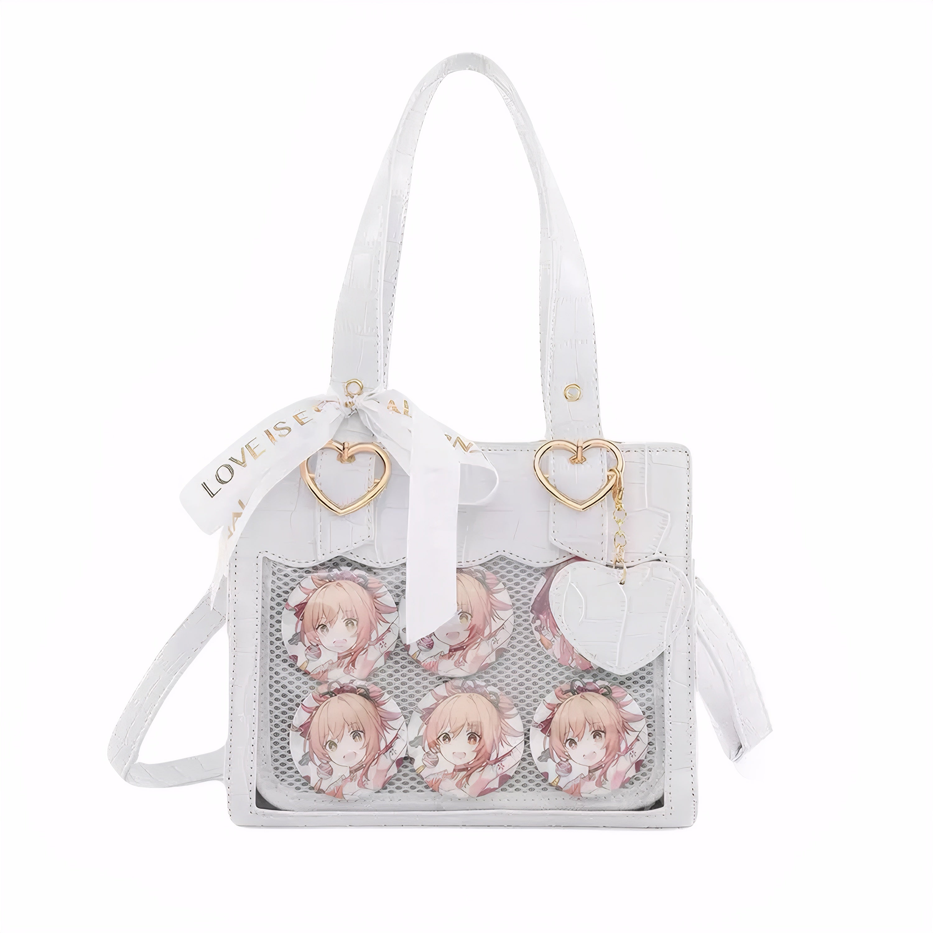 Kawaii croc pattern ita bag with transparent display window, heart charms, and ribbon decor for anime pins