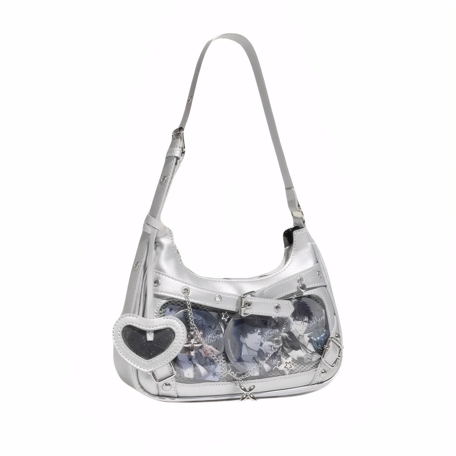 Silver PU Ita Bag with Transparent Window and Heart Charm transparent display pouch