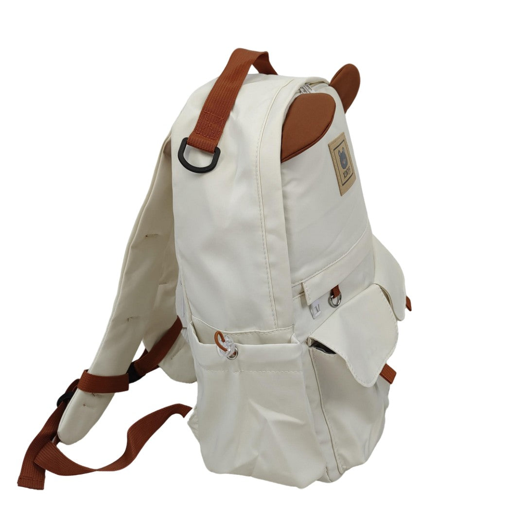 Kawaii bear ear backpack in cream color with front pockets, school bag for girls