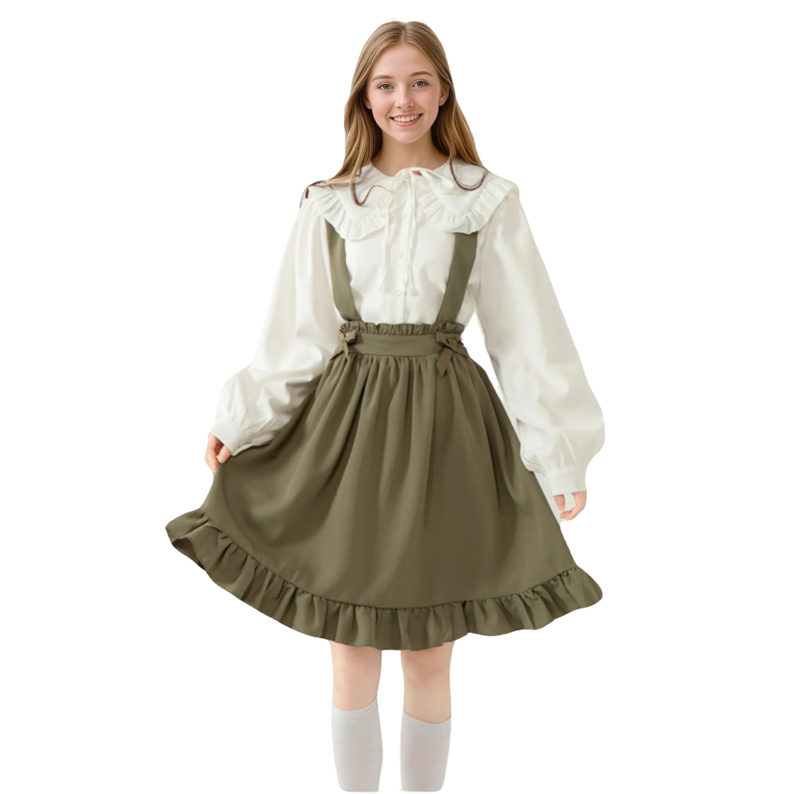retro schoolgirl suspender half suspender skirt cute bow detail vintage suspender bottom ruffle skirt army green
