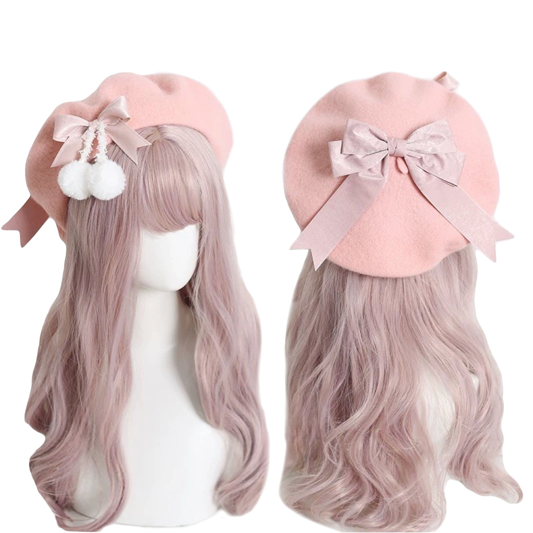 Sweet lolita wool beret with fluffy pom-poms and satin bow Pink kawaii artist cap with double bow and winter details