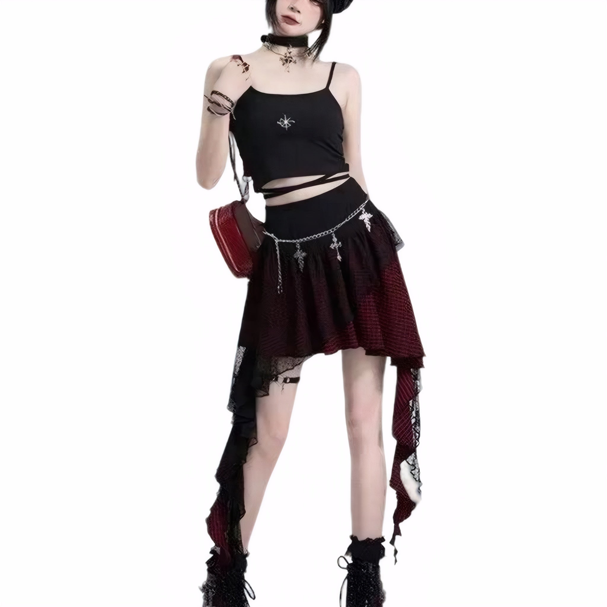 Gothic Lace-Up Irregular Plaid Mesh Skirt with Chain Sweet Punk Y2K Fairycore Mini Skirt