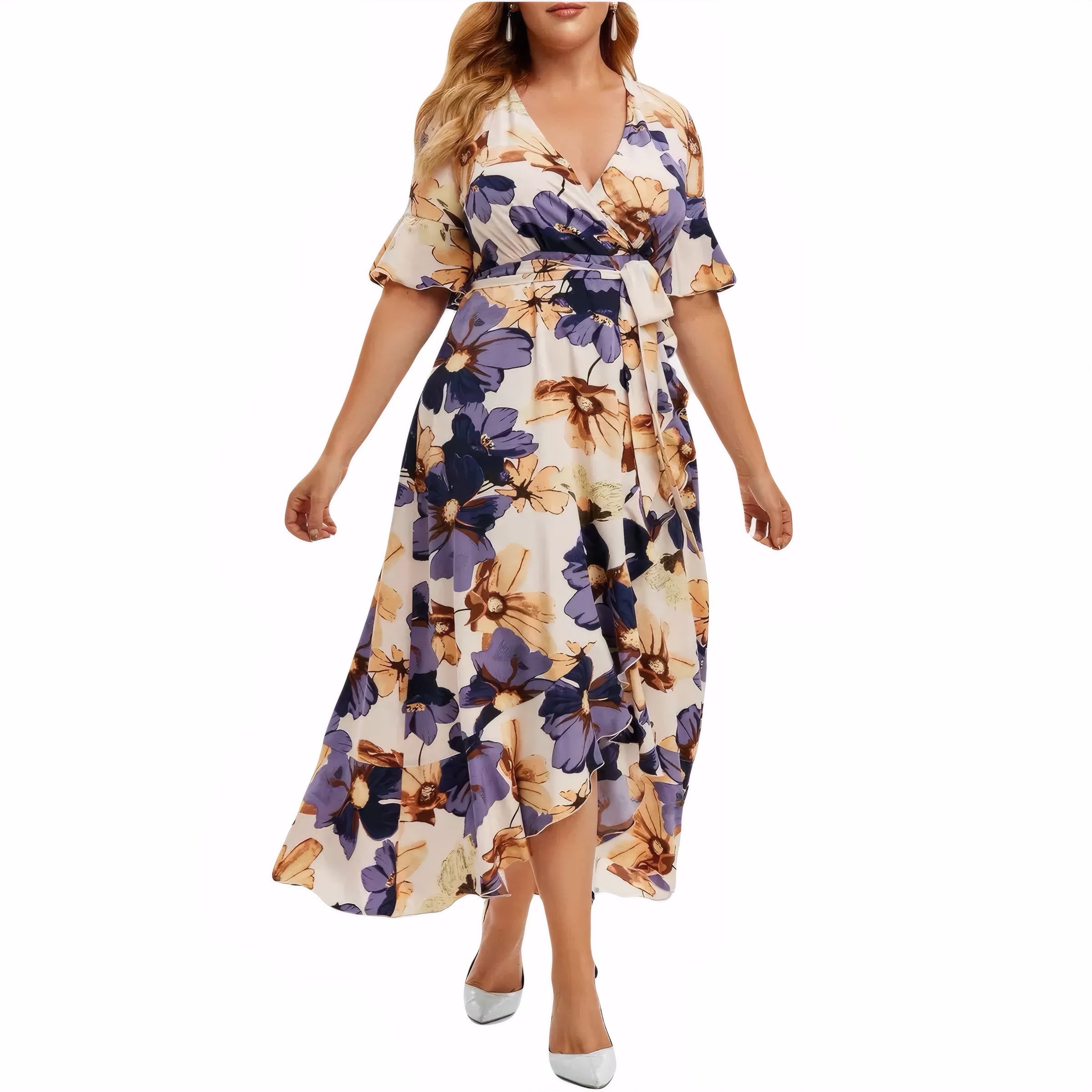 Plus size bohemian floral print ruffle hem maxi dress with V-neck and waist tie – asymmetrical fishtail summer dress for women