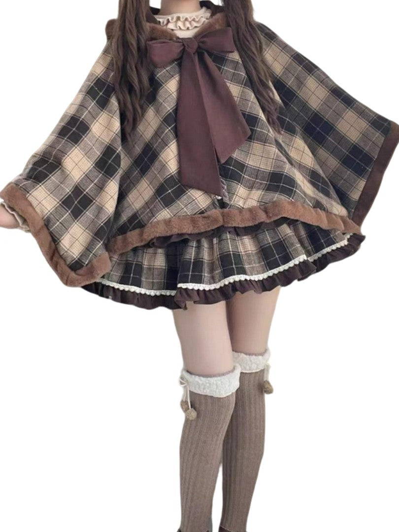 Lolita Plaid Jumper Dress & Cape Winter Wool Bow Layered Skirt Japanese Mori Girl Sweet Outfit