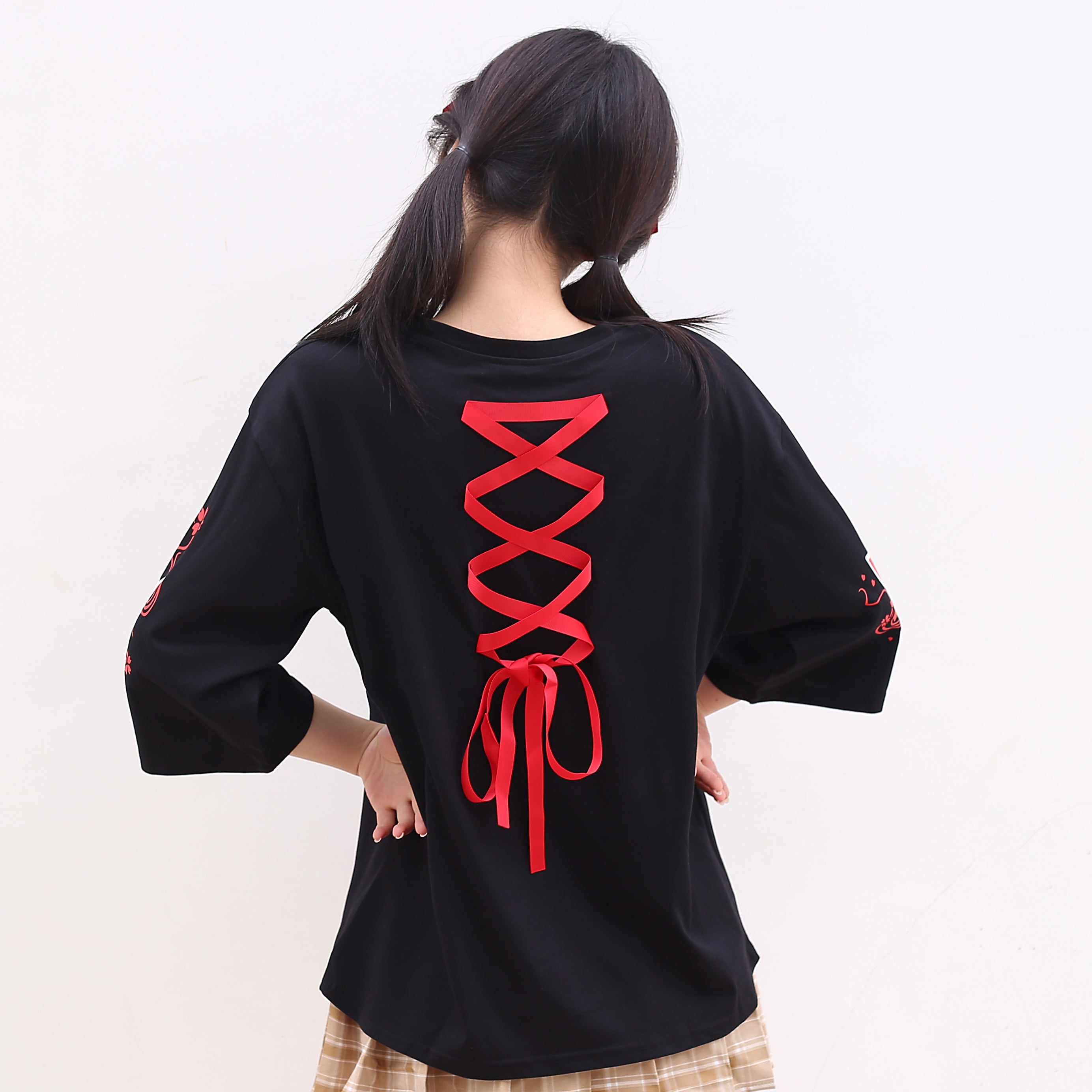 Harajuku fashion loose tee with cute mask print and wide sleeves back lace up shirt