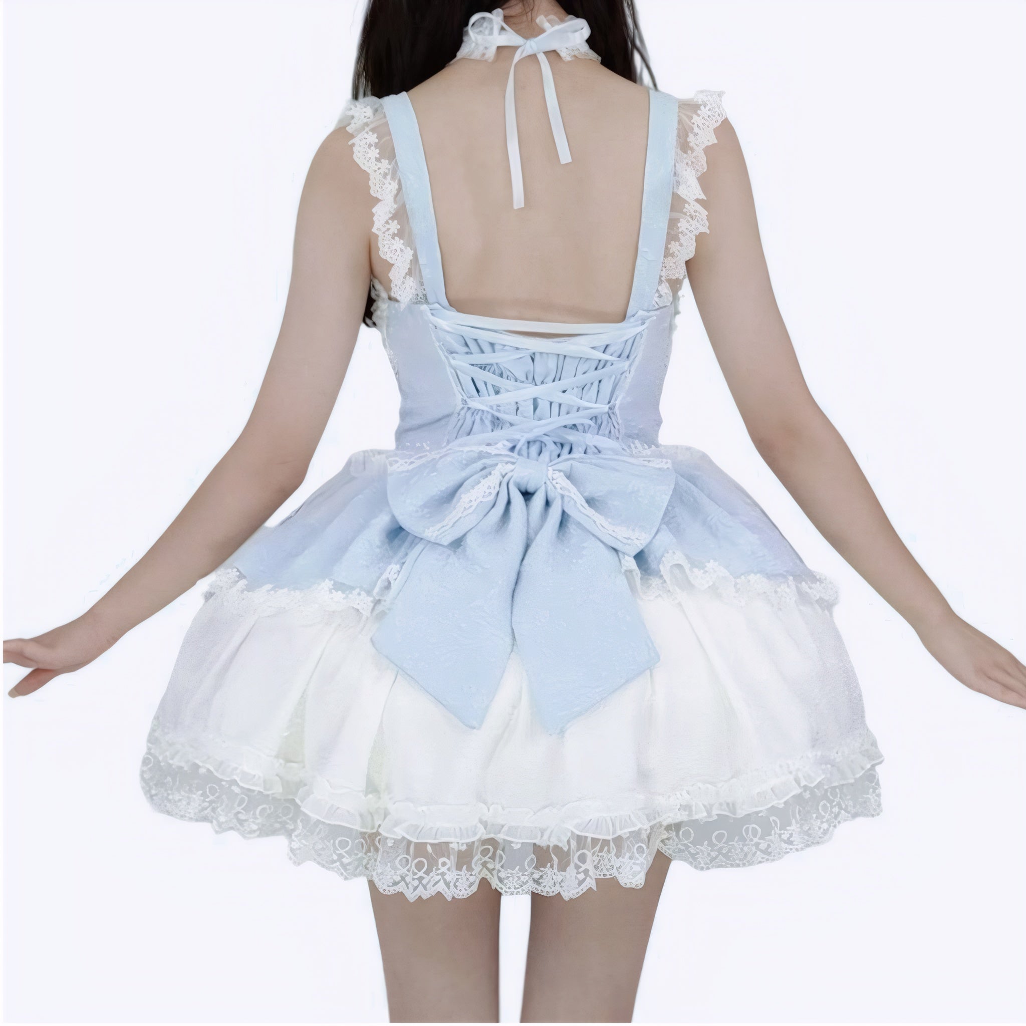 Sweet Lolita Lace Sleeveless Short Dress with Bow & Ruffles Kawaii Gothic Princess Cosplay Party Dress