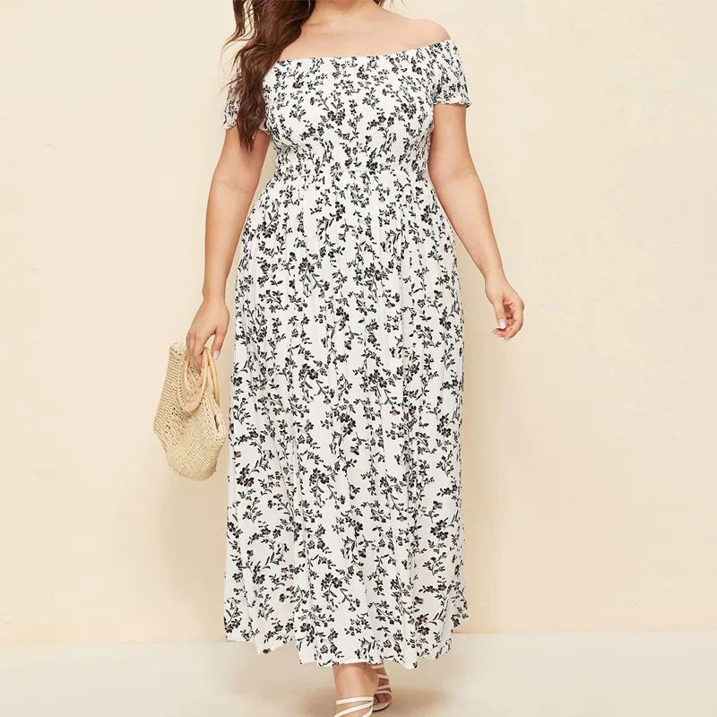 Off Shoulder Floral Maxi Dress for Women Boho Split Hem Summer Sundress Plus Size