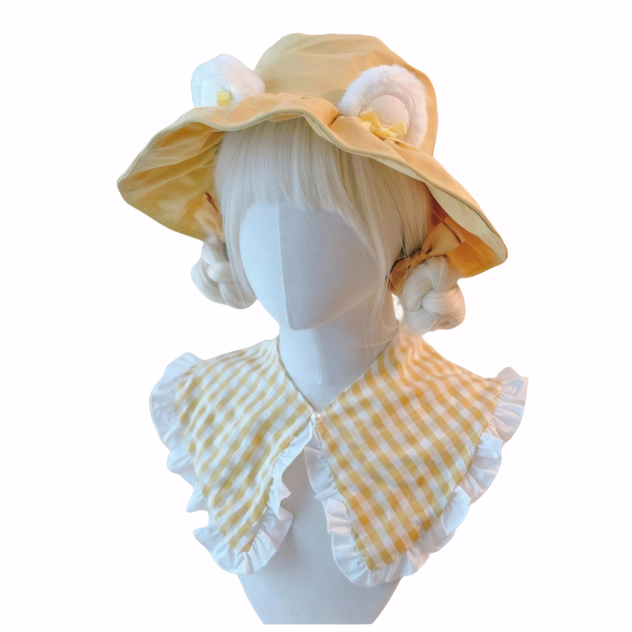 Light blue/yellow bucket hat with handmade fluffy bear ears and ribbon bows, optional matching frill collar, pastel Lolita style.