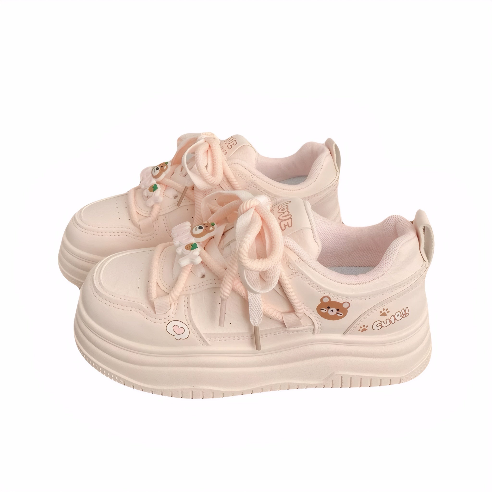 Cute bear-print platform sneakers for women with PU leather upper, 3cm sole, and lace charms – available in white and pink.