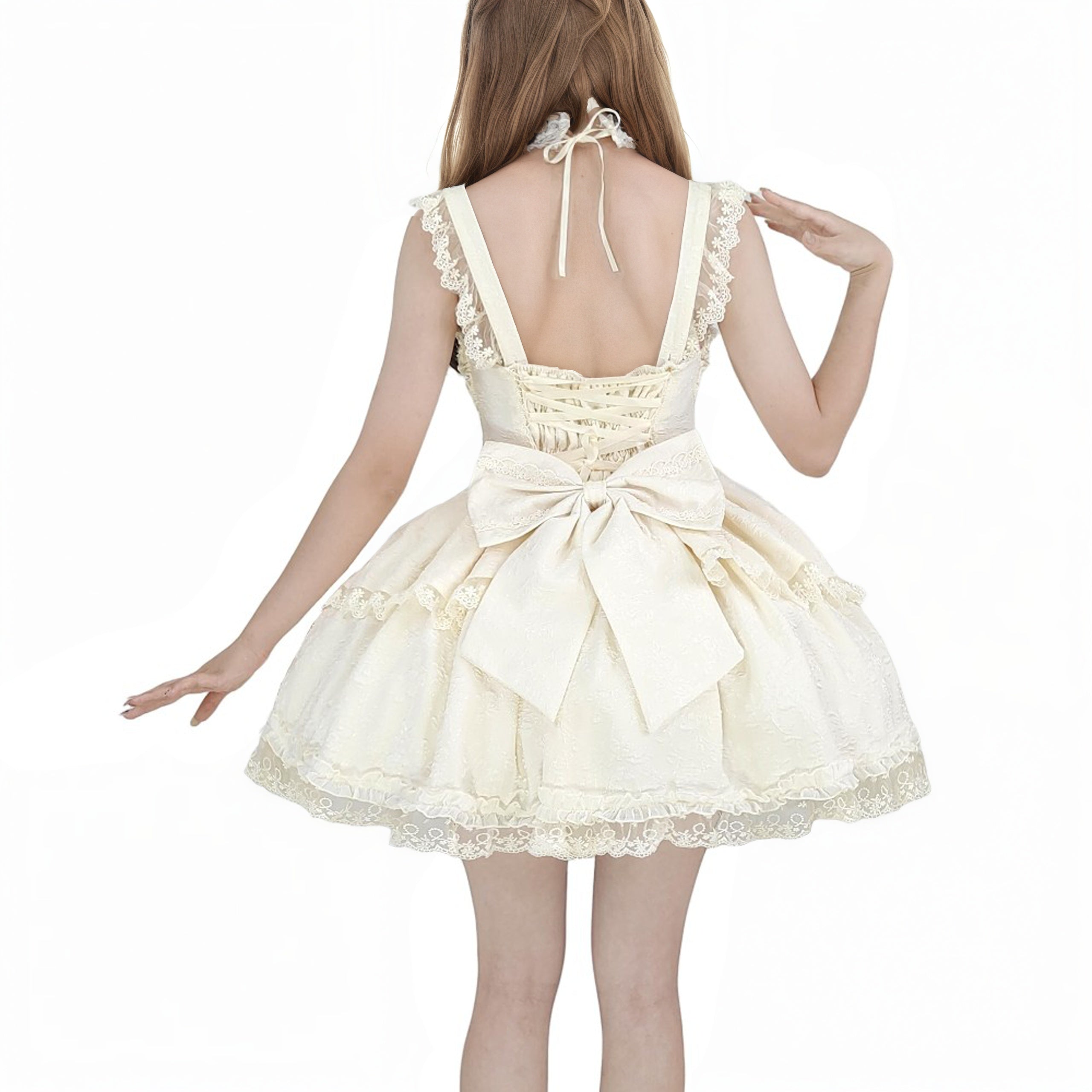 Sweet Lolita Lace Sleeveless Short Dress with Bow & Ruffles Kawaii Gothic Princess Cosplay Party Dress