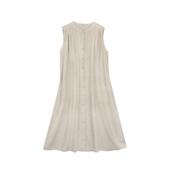 Light beige linen sleeveless dress for women with front buttons and relaxed A-line cut