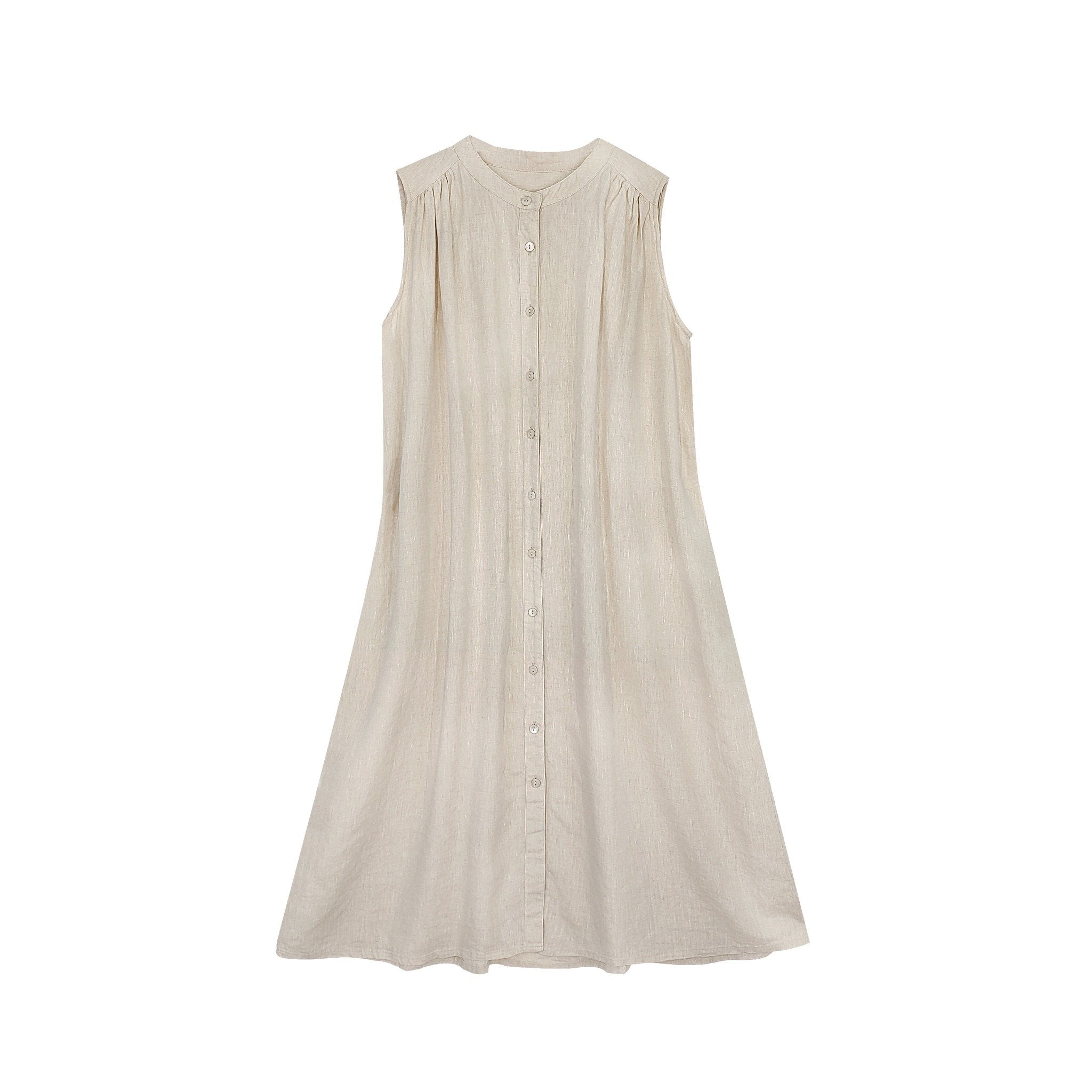 Light beige linen sleeveless dress for women with front buttons and relaxed A-line cut
