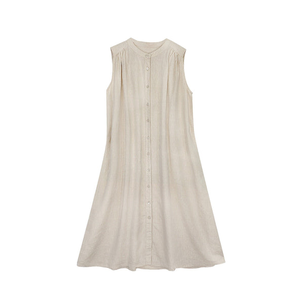 Light beige linen sleeveless dress for women with front buttons and relaxed A-line cut