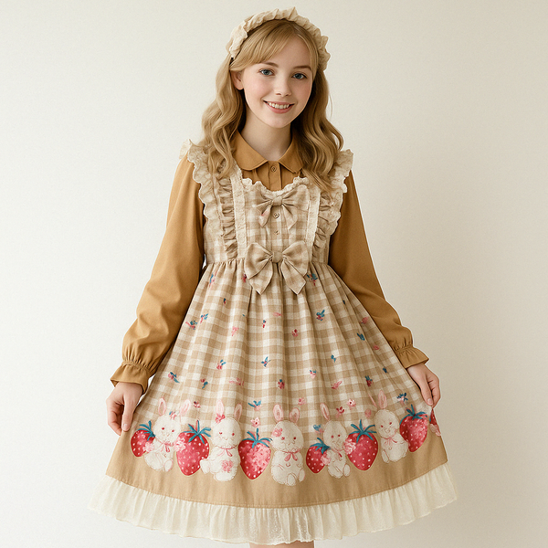 A pink Lolita dress with strawberry print, lace details, and a plush bunny shoulder bag.